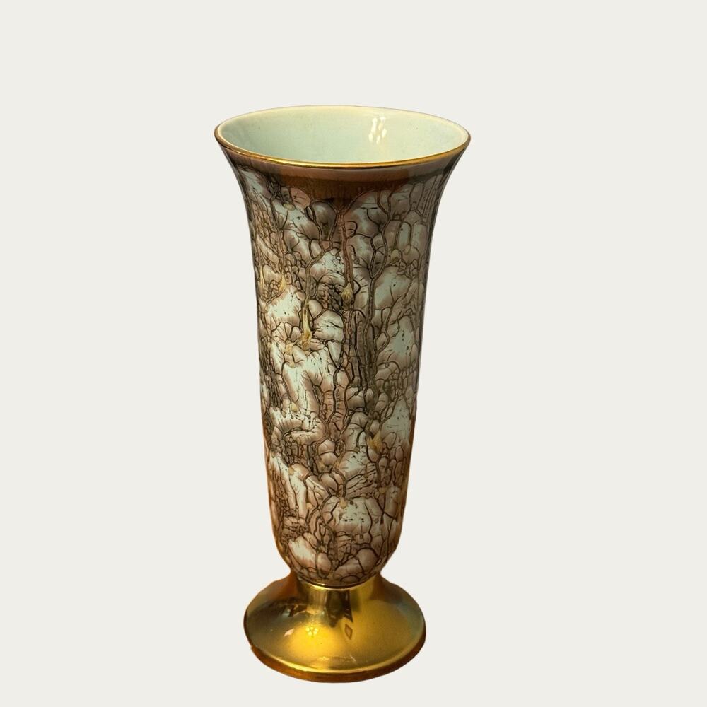 Vintage Handpainted Delftware Brass & Copper Ceramic Vase Teal & Gold Holland